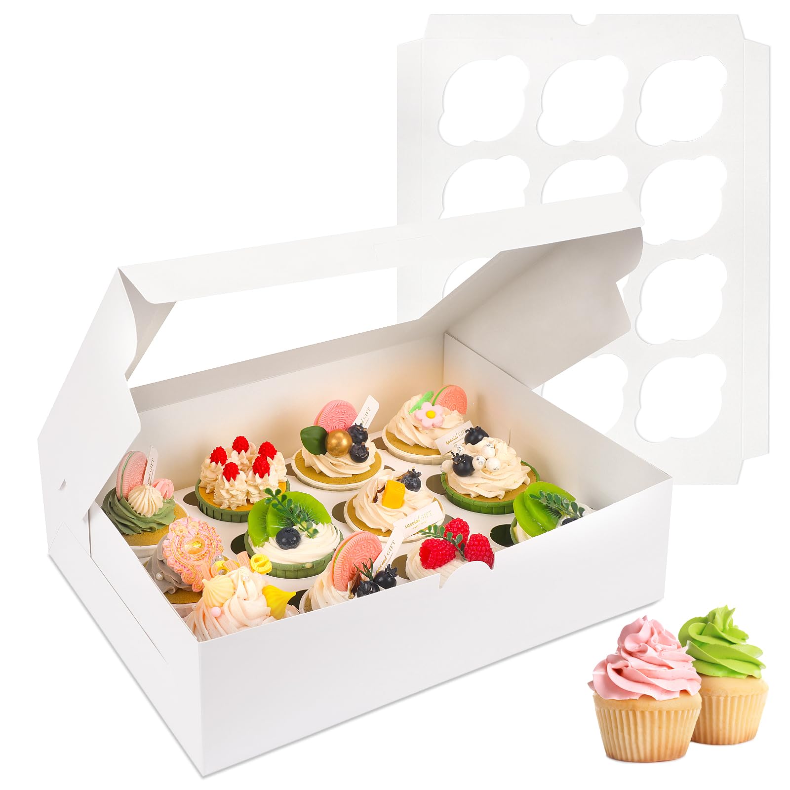 Moretoes 15 Sets Cupcake Boxes, 12 Count Cupcake Containers, 13x10x3.5 Inches Bakery Boxes with Window and Inserts to Fit Muffins, for Birthday Holiday Party Bakery Supplies