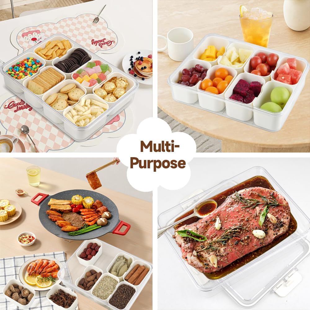 Snackle Box Container, 3rd Gen Vegetable Tray with Lid, Divided Serving Tray with Lid and Handle, 8 Compartment Veggie Platter, Snack Box Container, Food Organizer for Nuts, Candy, Fruits