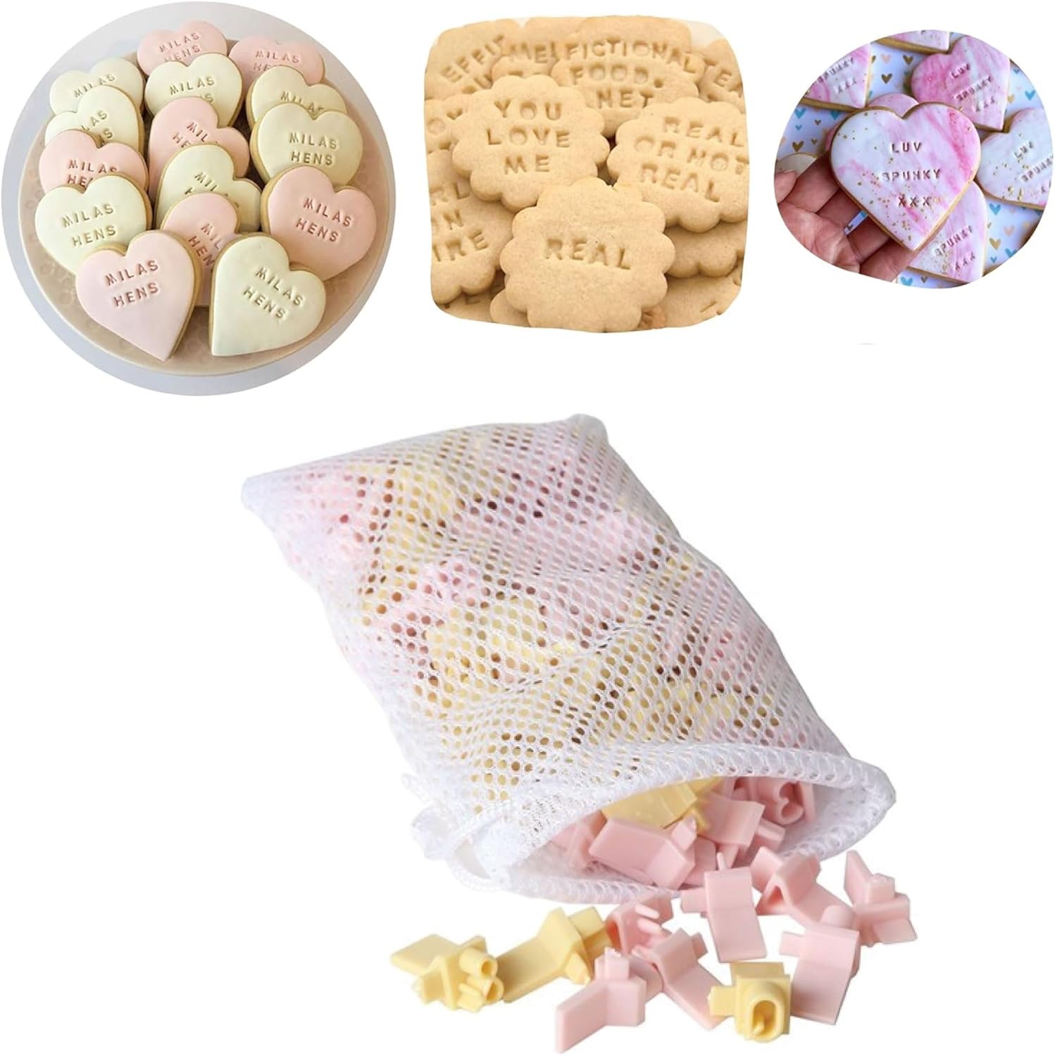 Home-X Cookie Stamps - Alphabet, Numbers & Symbols, DIY Fondant Embosser for Cookie & Cake Decorating - 96 Pieces Fondant Letter Stamps for Clay with Storage Bag - Pink & Yellow