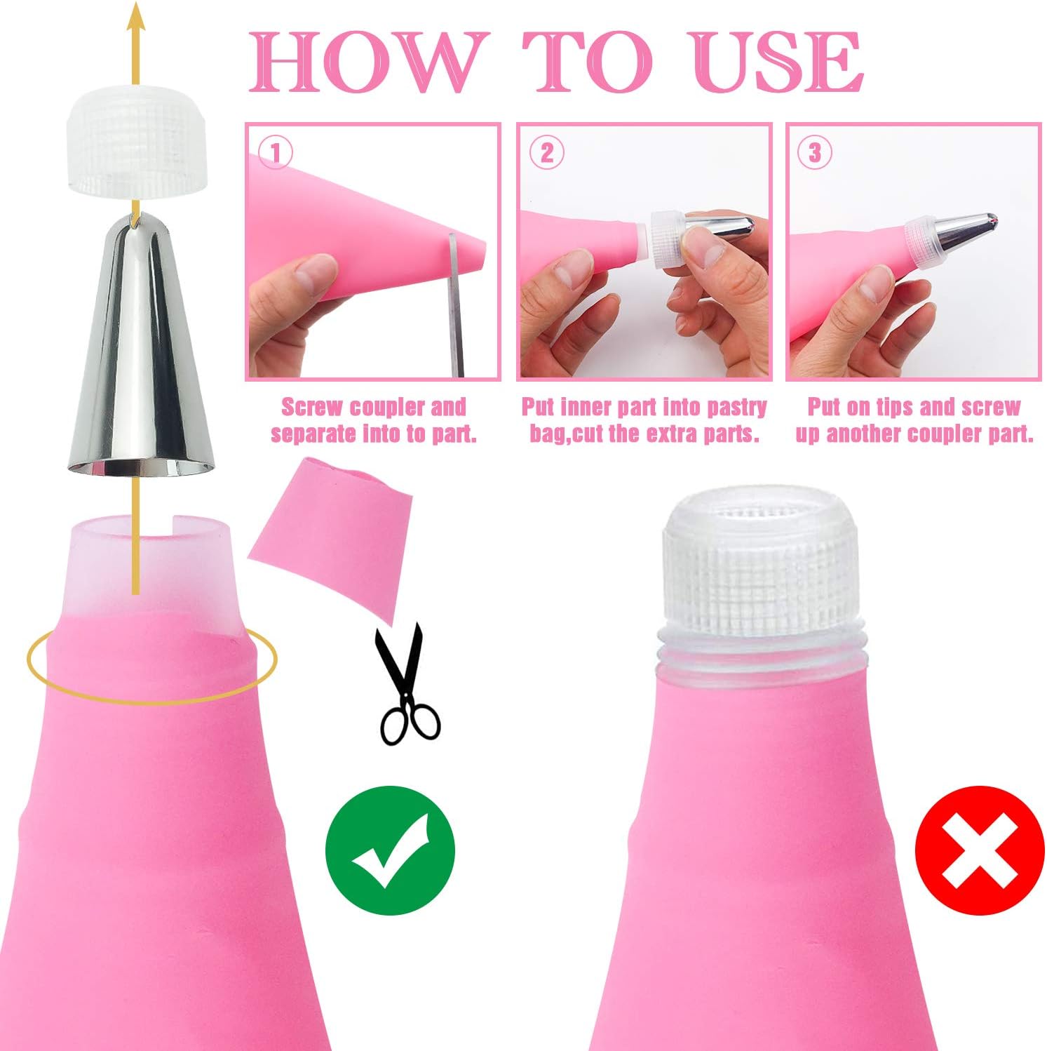 36Pcs Pink Piping Bags & Tips Set,24 Stainless Steel Nozzle Icing Tips With 2 Reusable Silicone Pastry Bag,Icing Smoother,Silicone Baking Cups,2Couplers Cake Decorating Tools Kit For Baking Decorating