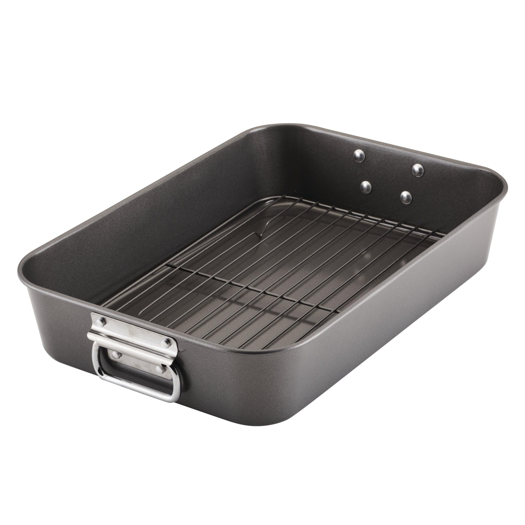 Farberware Bakeware Nonstick Steel Roaster with Flat Rack, 11-Inch x 15-Inch, Gray