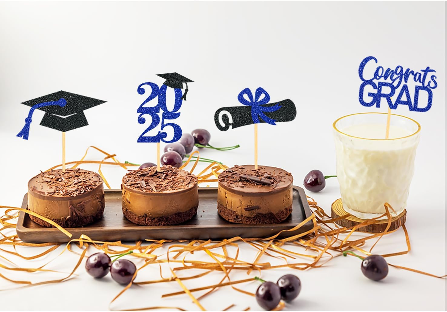 24Pcs Graduation Cupcake Toppers, Graduation Cupcake Picks for Cupcake Food Decorations - Class of 2025 Cupcake Toppers Supplies (Blue)