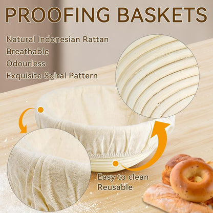 Sourdough Starter Kit - Banneton Proofing Basket 9 Inch Round & 10 Oval, 26 PCS Baking Supplies With Starter Jar, Bread Sling, Lame, Danish Dough Whisk, Bags