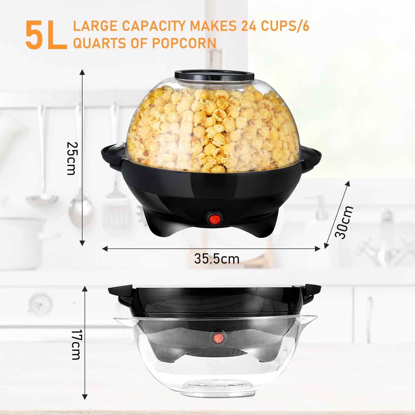 TLGREEN 6 Quart Popcorn Machine, Stir Crazy Popcorn Popper Machine, Electric Hot Oil Popcorn Maker Machine, with Nonstick Plate & Stirring Rod, Large Lid for Serving Bowl. (Black)