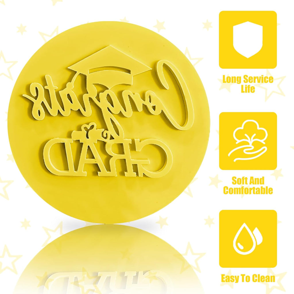 Graduation Fondant Stamp, Congrats Grad Cookie Stamp, 3D Raised Design Graduation Fondant Embosser for DIY Baking Cake Decorating Cookies Sugar Paste Cupcake Topper, 3.15inch, Yellow