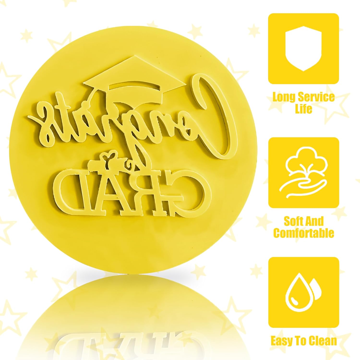 Graduation Fondant Stamp, Congrats Grad Cookie Stamp, 3D Raised Design Graduation Fondant Embosser for DIY Baking Cake Decorating Cookies Sugar Paste Cupcake Topper, 3.15inch, Yellow
