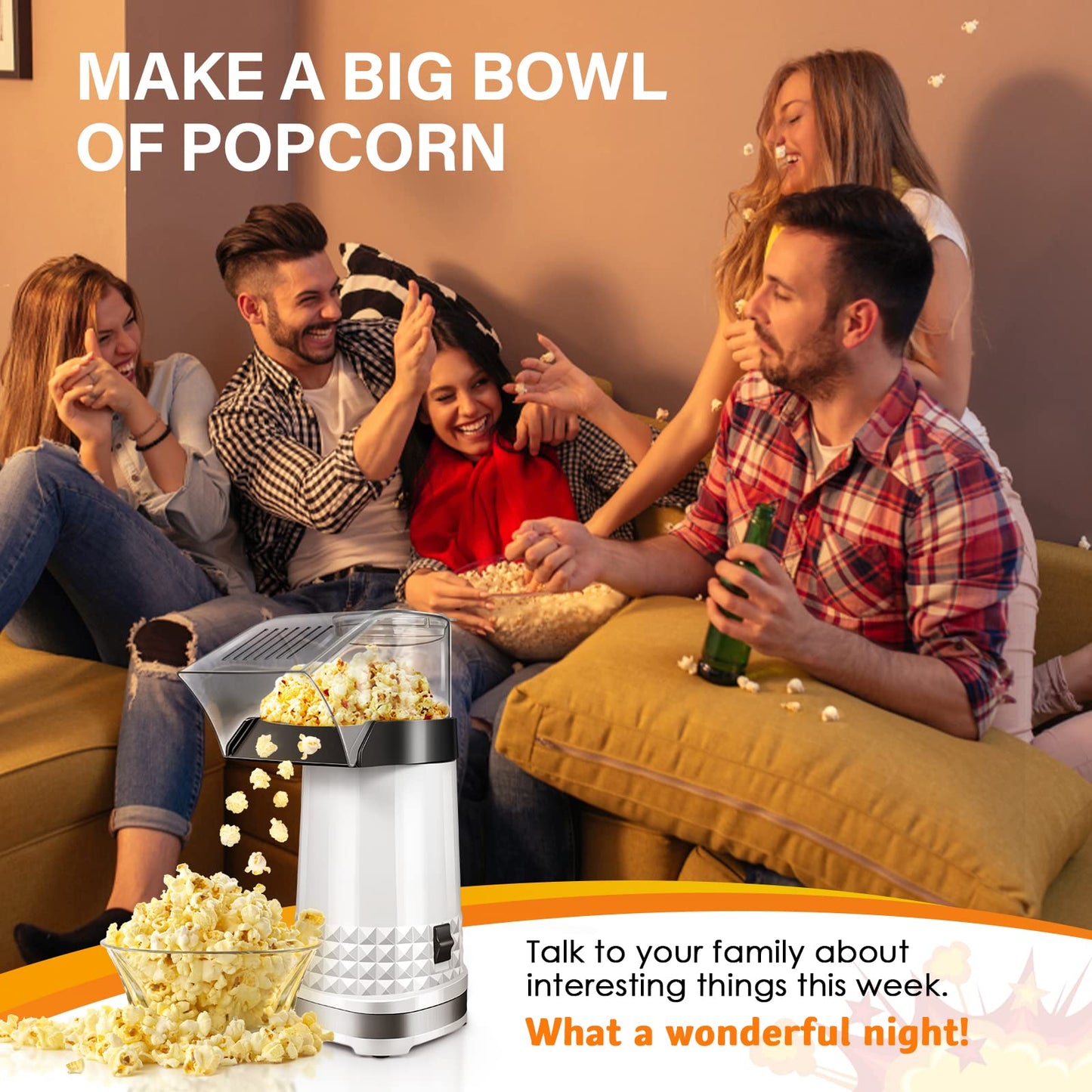 Fast Hot Air Popcorn Popper Maker, Electric Popcorn Machine with Measuring Cup, No Oil, Easy to Clean & Maintain, Popcorn Machines for Home Family Party | White