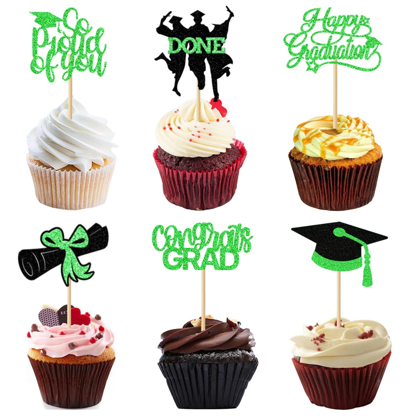 24 Pack 2025 Congrats Grad Cupcake Toppers Set, Glitter Graduation Cupcake Decor, Class of Cupcake Picks for Senior High School College Grad Party Decorations Supplies(Black with Gold) A