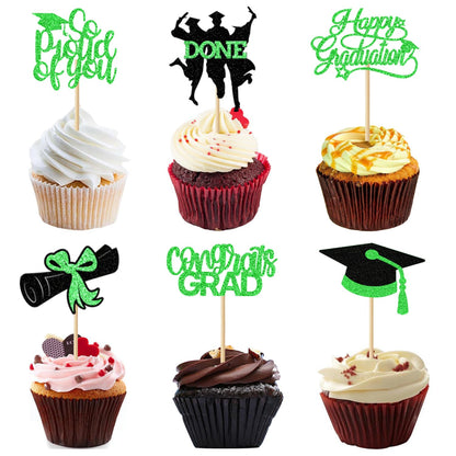 24 Pack 2025 Congrats Grad Cupcake Toppers Set, Glitter Graduation Cupcake Decor, Class of Cupcake Picks for Senior High School College Grad Party Decorations Supplies(Black with Gold) A