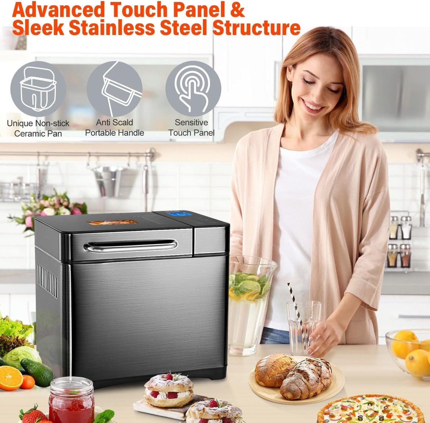 KBS 17-in-1 Bread Maker-Dual Heaters, 710W Machine Stainless Steel with Gluten-Free, Dough Maker,Jam,Yogurt PROG, Auto Nut Dispenser,Ceramic Pan& Touch Panel, 3 Loaf Sizes 3 Crust Colors,Recipes