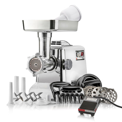 STX Megaforce 3000 Powerful Air Cooled 6-In-1 Heavy Duty Electric Meat Grinder with Foot Pedal • Sausage Stuffer • Kubbe Maker • Burger/Slider Maker • 2 Meat Claws • 3 S/S Blades • 5 Grinding Plates