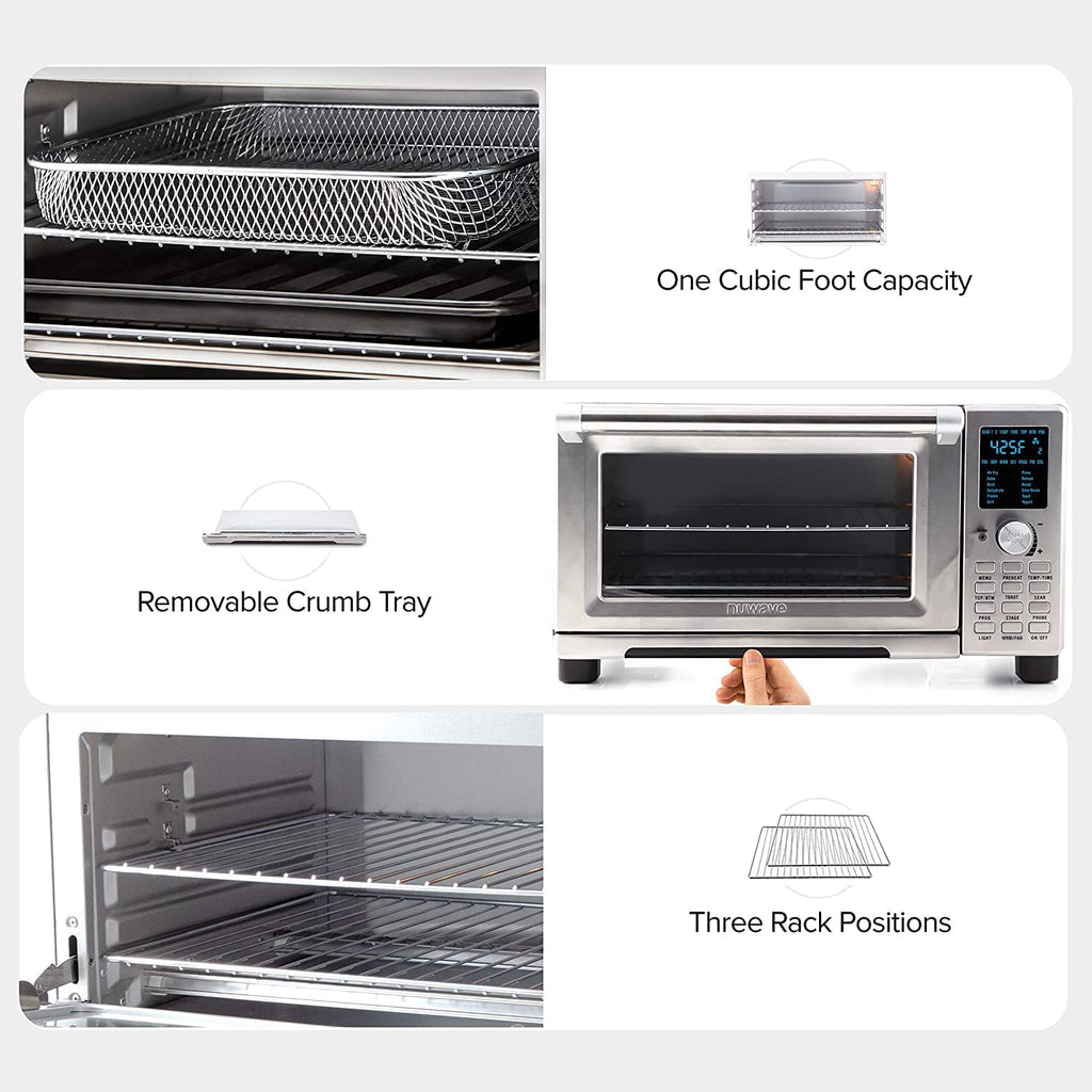 Nuwave Bravo Air Fryer Toaster Smart Oven, 12 w 1, konwekcja blatowa, pojemność 30 qt XL, sterowanie temperaturą 50°–500°F, regulacja grzałki górnej i dolnej 0%–100%, wygląd szczotkowanej stali nierdzewnej (odnowiony)