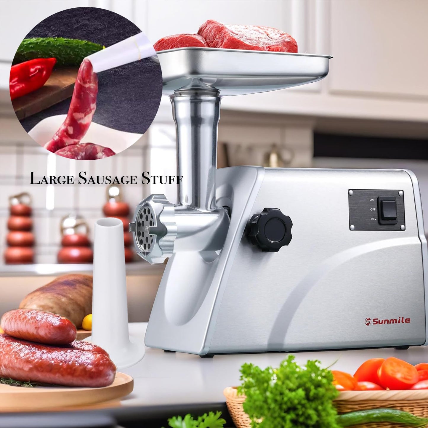 Sunmile SM-G33 Electric Meat Grinder - 1HP 800W Max Power - ETL Stainless Steel Meat Grinder Mincer Sausage Stuffer, Stainless Steel Blade and Plates and 1 Sausage Maker