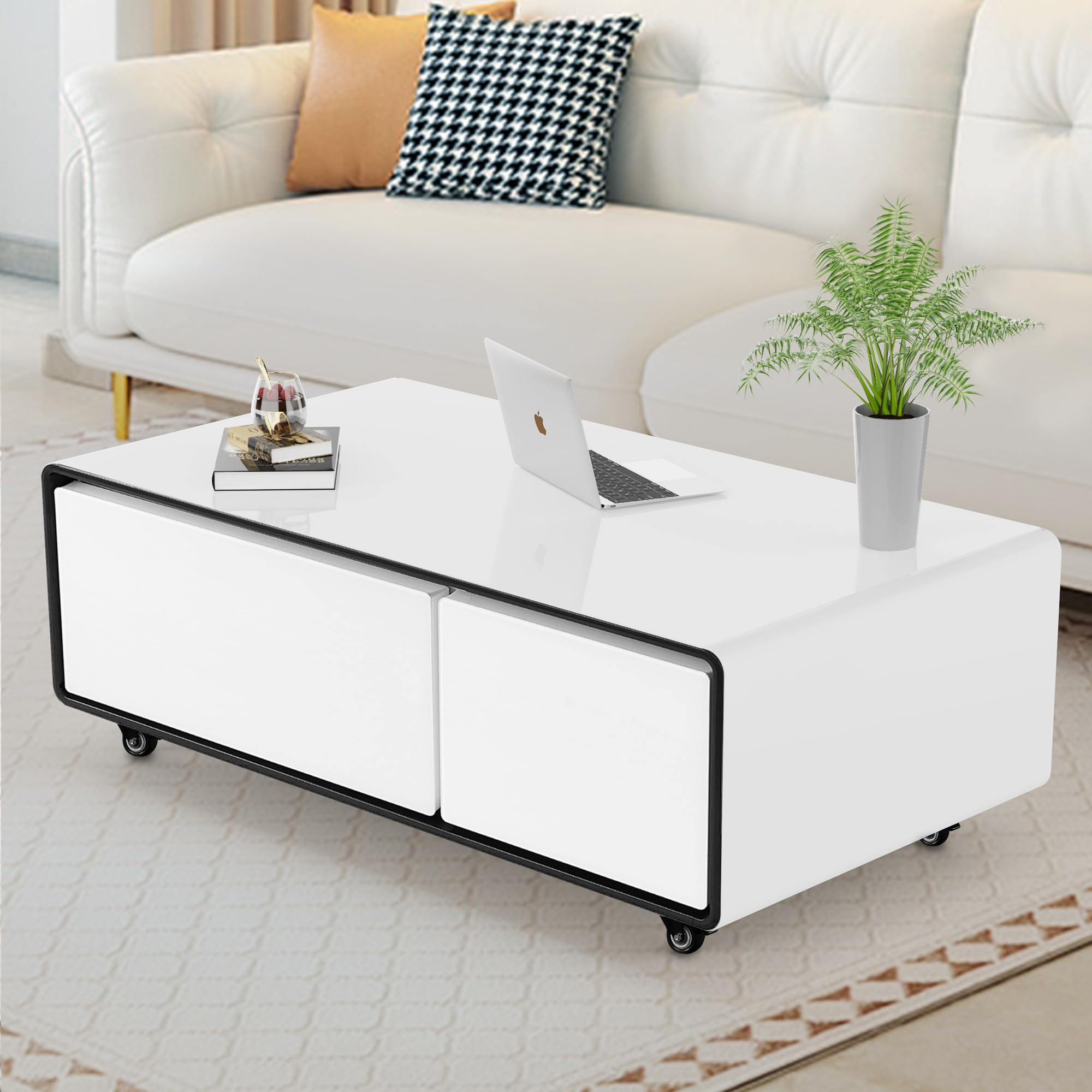 AF ARTISAN FURNITURE Розумний журнальний столик з холодильником, розумний стіл 90 л з вбудованим холодильником, бездротовим зарядним пристроєм, USB-портом, для вітальні, 106,7 см Г x 58,8 см Ш x 46,1 см В, білий