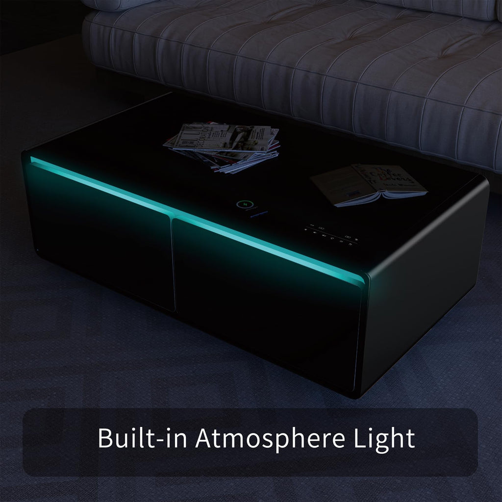 ACCOER 51in Smart Coffee Table with Built in Fridge, Living Room Table Bluetooth Sound and Wireless Charging, Type-C & USB Interface, Temperature Control, Modern Center Table with LED