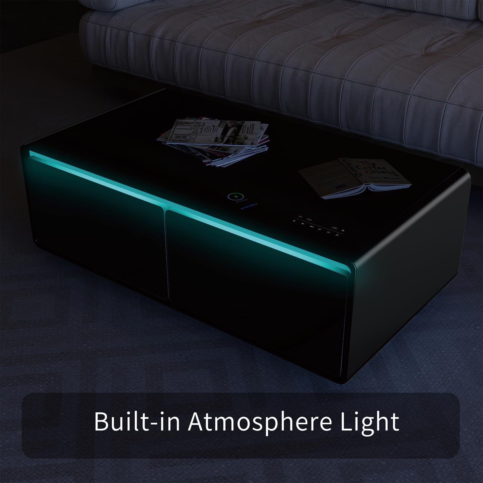 ACCOER 51in Smart Coffee Table with Built in Fridge, Living Room Table Bluetooth Sound and Wireless Charging, Type-C & USB Interface, Temperature Control, Modern Center Table with LED