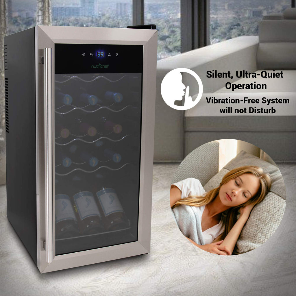 nutrichef 15 Bottle Fridge | Red and White Chiller | Adjustable Temp Control 41°F to 64°F | Ultra Quiet Operation | Mini Wine Cooler Built for Home, Office, Kitchen Counter, 27x13x17, Stainless Steel