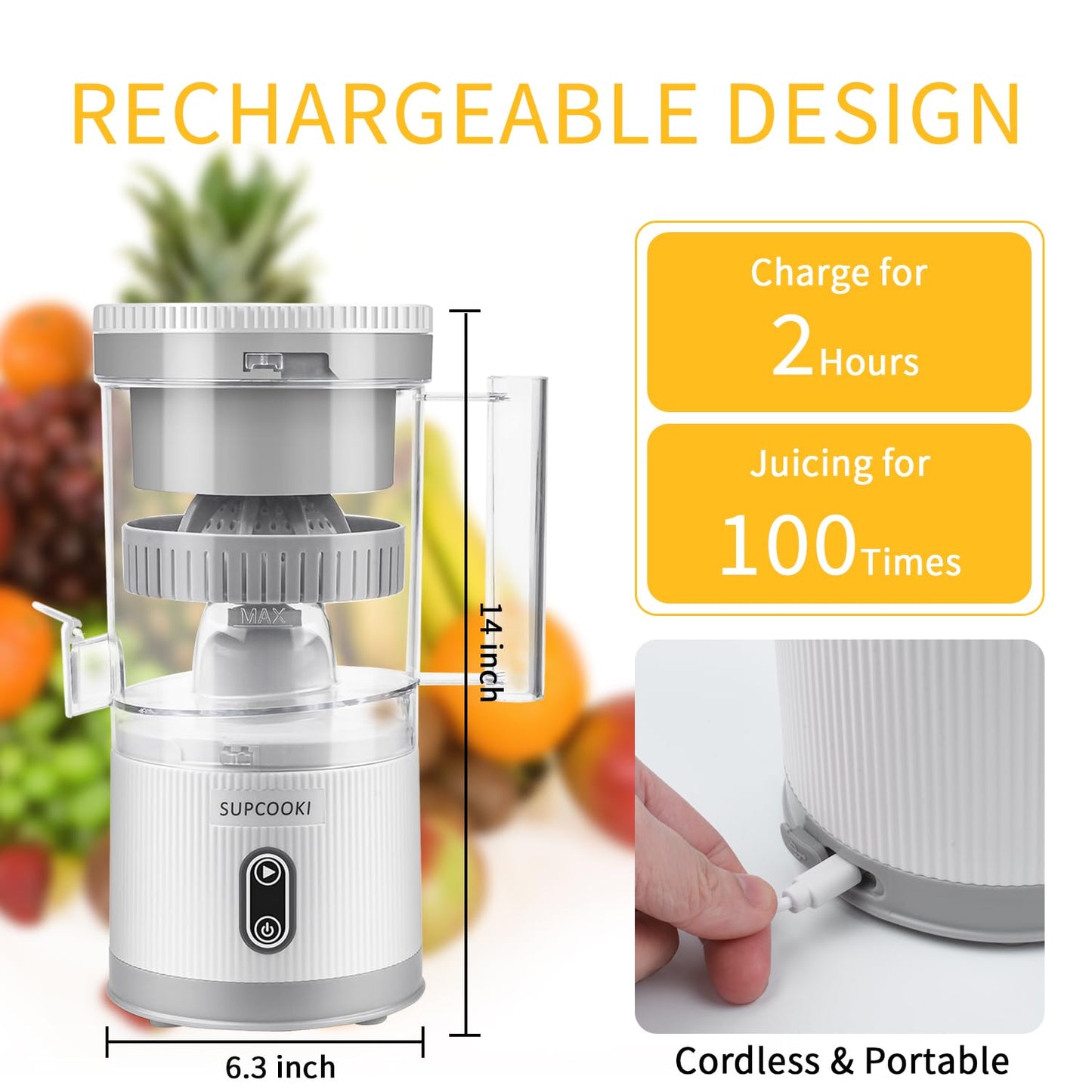 Electric Citrus Juicer, Rechargeable Juicer Machine with USB Cable and Cleaning Brush, Touch Button, Automatic Orange Lime Lemon Grapefruit Squeezer, Easy to Clean Portable Juicer, White