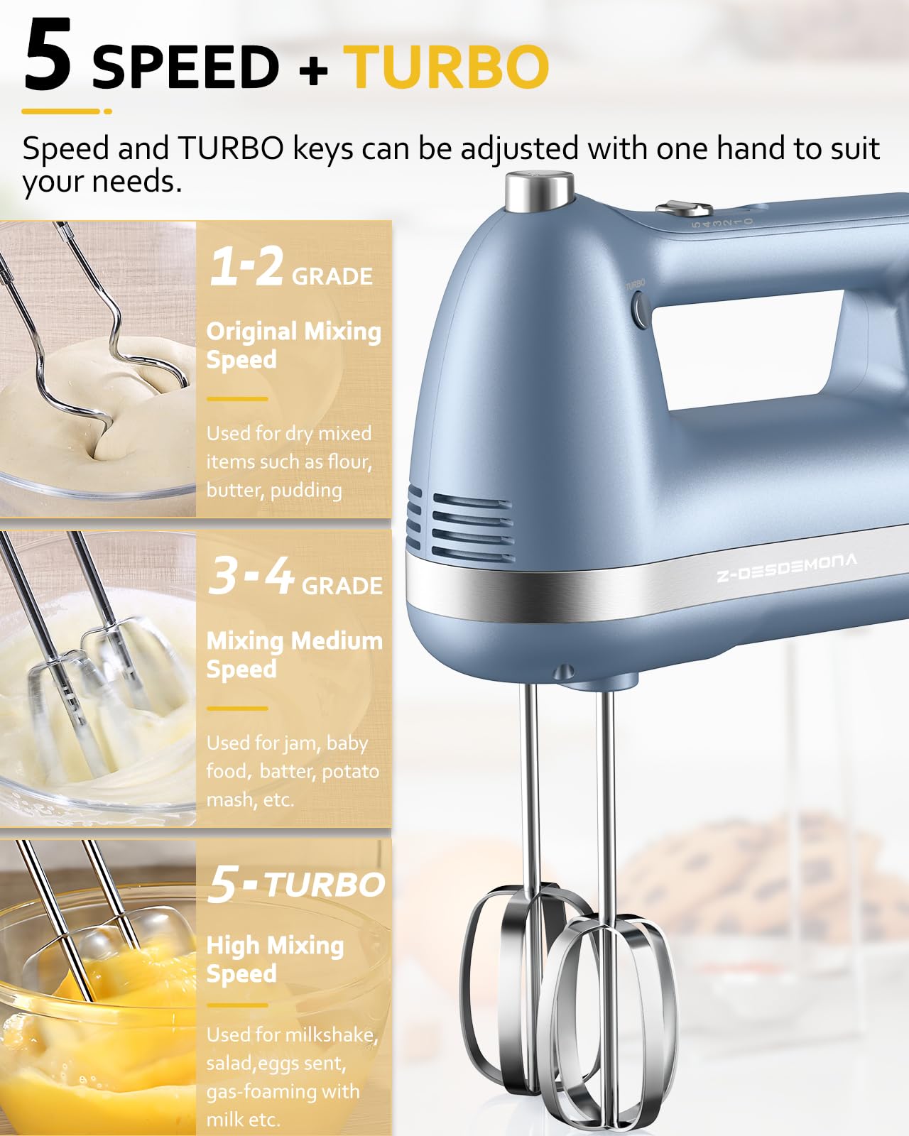 Z-DESDEMONA Electric Hand Mixer, Powerful 300W Hand Mixer Electric Handheld with 304 Beaters, Dough Hook, Hand Held Mixer with Turbo for Baking Cakes, Eggs, Cream Food(Blue)