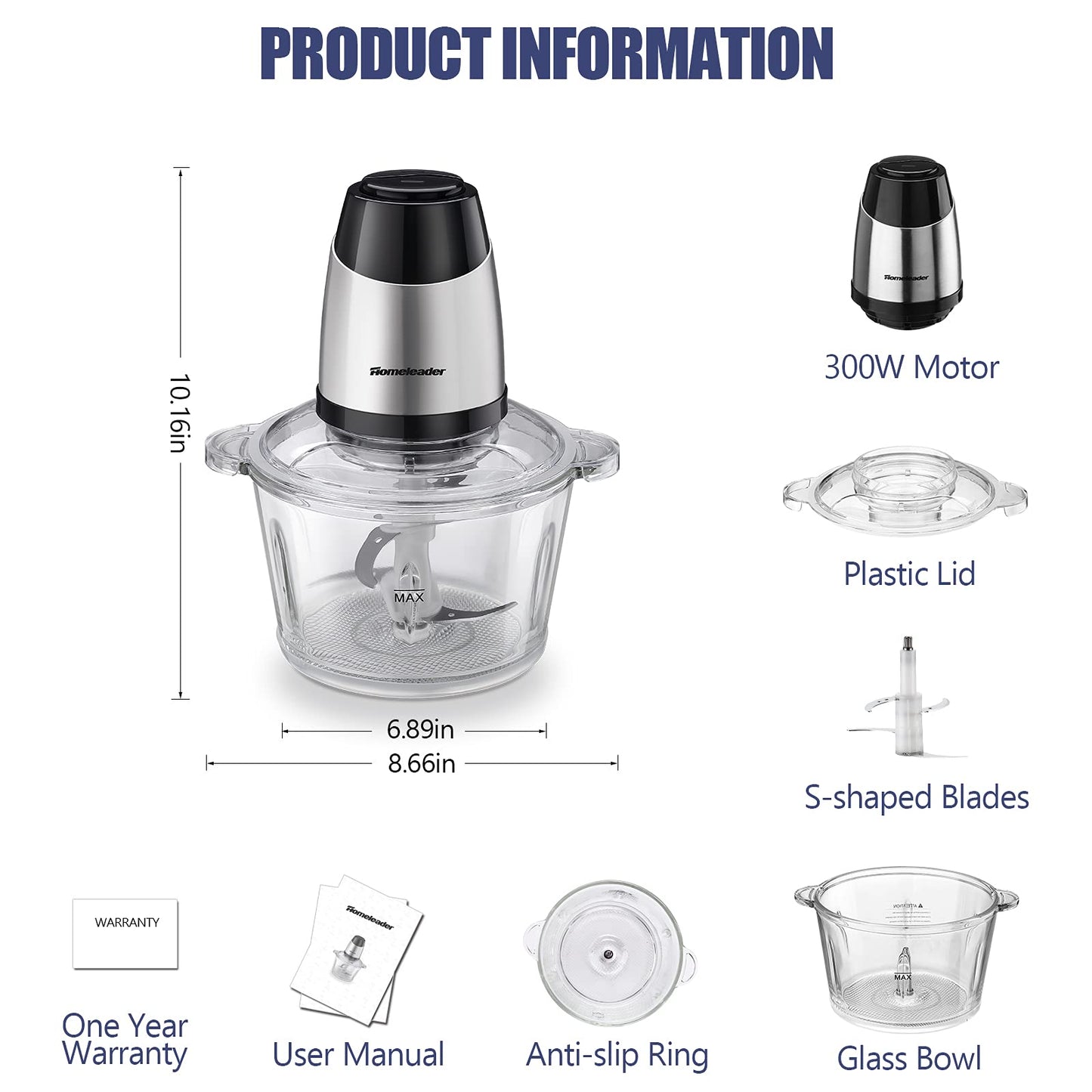 Electric Food Chopper, 8-Cup Food Processor by Homeleader, 2L Glass Bowl Grinder for Meat, Vegetables, Fruits and Nuts, Stainless Steel Motor Unit and 4 Sharp Blades, 300W