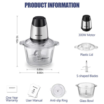 Electric Food Chopper, 8-Cup Food Processor by Homeleader, 2L Glass Bowl Grinder for Meat, Vegetables, Fruits and Nuts, Stainless Steel Motor Unit and 4 Sharp Blades, 300W