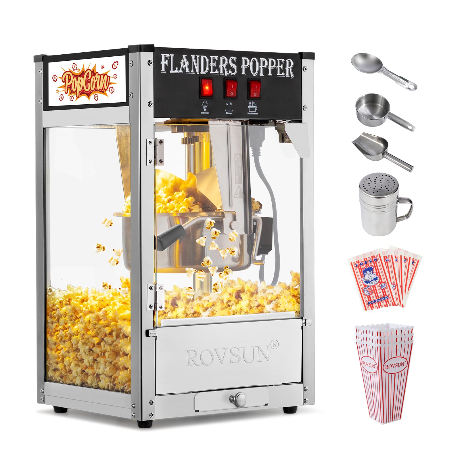 Maszyna do popcornu ROVSUN z czajnikiem 8 uncji, która pozwala przygotować do 32 filiżanek, komercyjna maszyna do popcornu, blatowa maszyna do popcornu ze stalową łyżką, łyżką do oleju i 3 kubkami do popcornu do kina domowego, czarna