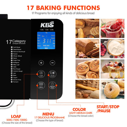 KBS 17-in-1 Bread Maker-Dual Heaters, 710W Machine Stainless Steel with Gluten-Free, Dough Maker,Jam,Yogurt PROG, Auto Nut Dispenser,Ceramic Pan& Touch Panel, 3 Loaf Sizes 3 Crust Colors,Recipes