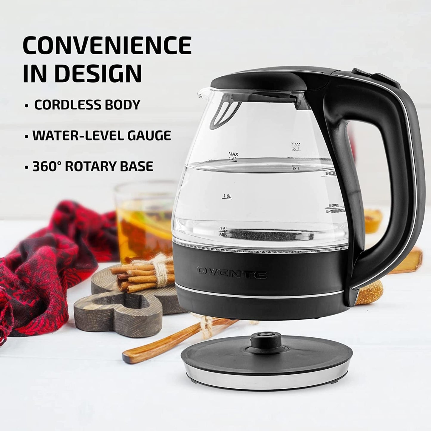 OVENTE Glass Electric Kettle Water Boiler 1.5 Liter Borosilicate Glass Fast Boiling Countertop Heater - BPA Free Auto Shut Off Instant Water Heater Kettle for Coffee & Tea Maker - Black KG83B