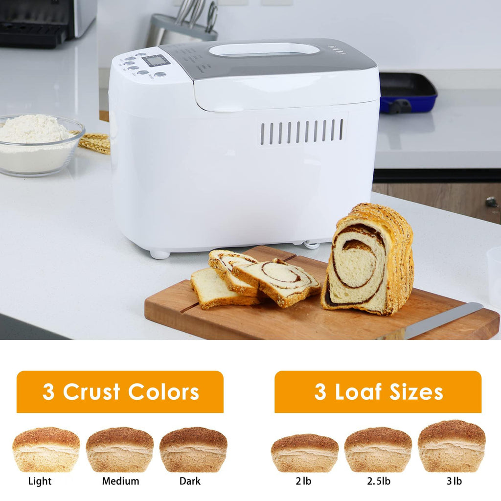 Patioer 3LB Bread Maker Machine Automatyczna maszyna do pieczenia chleba z podwójnymi mieszadłami 15 w 1 Maszyna do pieczenia chleba z ustawieniem bezglutenowym, 3 rozmiary bochenków 3 kolory skórki, nieprzywierająca blacha do pieczenia, biała