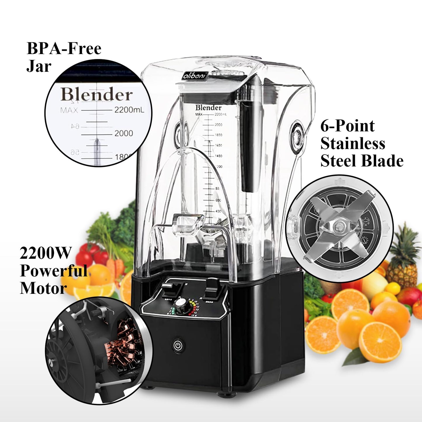 Commercial Blender for Smoothies 2200W With Soundproof Cover, 2200 ML, 15 Speeds, 6-leaves Stainless Steel Blade, Heavy Duty Blender for Restaurant, Smoothie, Ice Crush, Shakes, 9.5"D x 9"W x 19.7"H