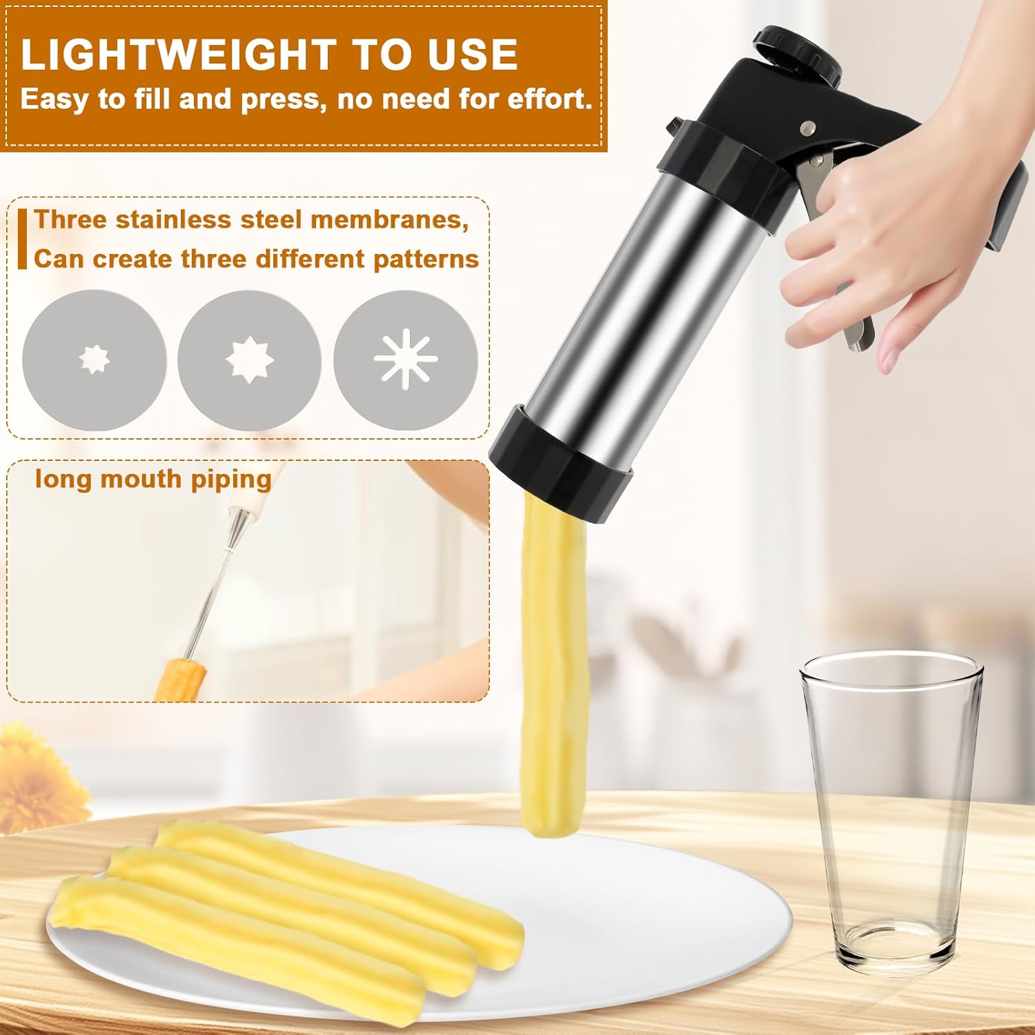 Churro Maker Machine, Stainless Steel Churro Gun Kit, Churros Maker Gun, Cookie Press Set with 1 Tips, 3 Discs, 2 Brushes