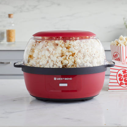 West Bend Stir Crazy Hot Oil Popcorn Popper, Popcorn Maker Machine with Large Serving Bowl Lid and Stirring Rod, 6 Qt, Red