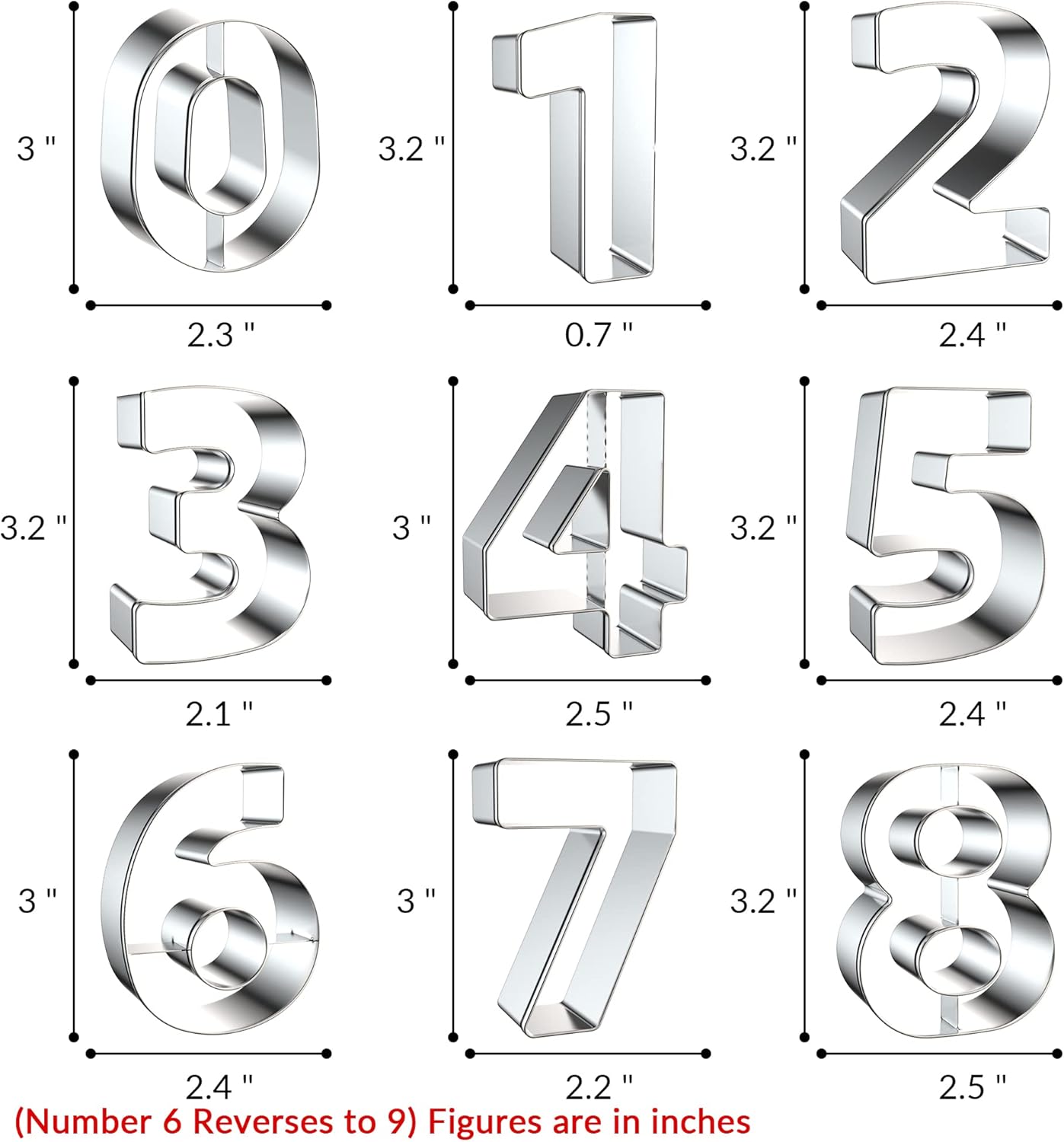 9PCS Number Cookie Cutters Set, Birthday Numbers 0-8(6 Reverses to 9), Stainless Steel Cookie Cutters for Baking, Number Shaped Baking Tool for Homemaking Biscuits, Cookie, Dough