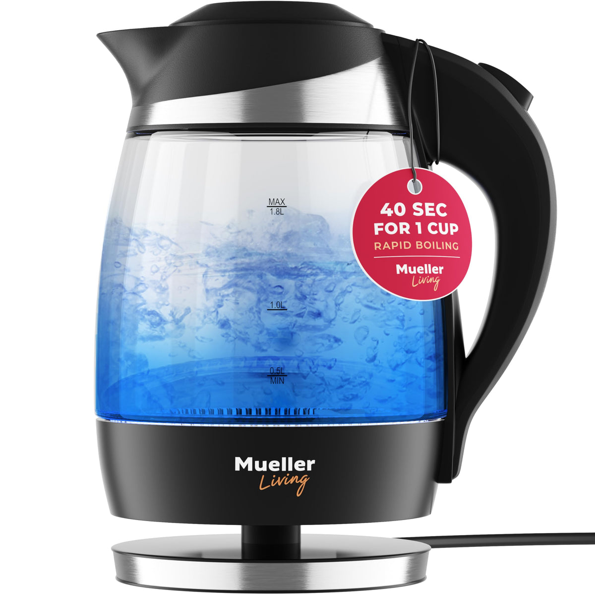 Czajnik elektryczny Mueller Living, czajnik elektryczny do zagotowania wody, 1500 W SpeedBoil Teach, automatyczne wyłączanie, 1,8 l bezprzewodowy z oświetleniem LED, czajnik ze szkła borokrzemianowego, podgrzewacz wody, bez BPA