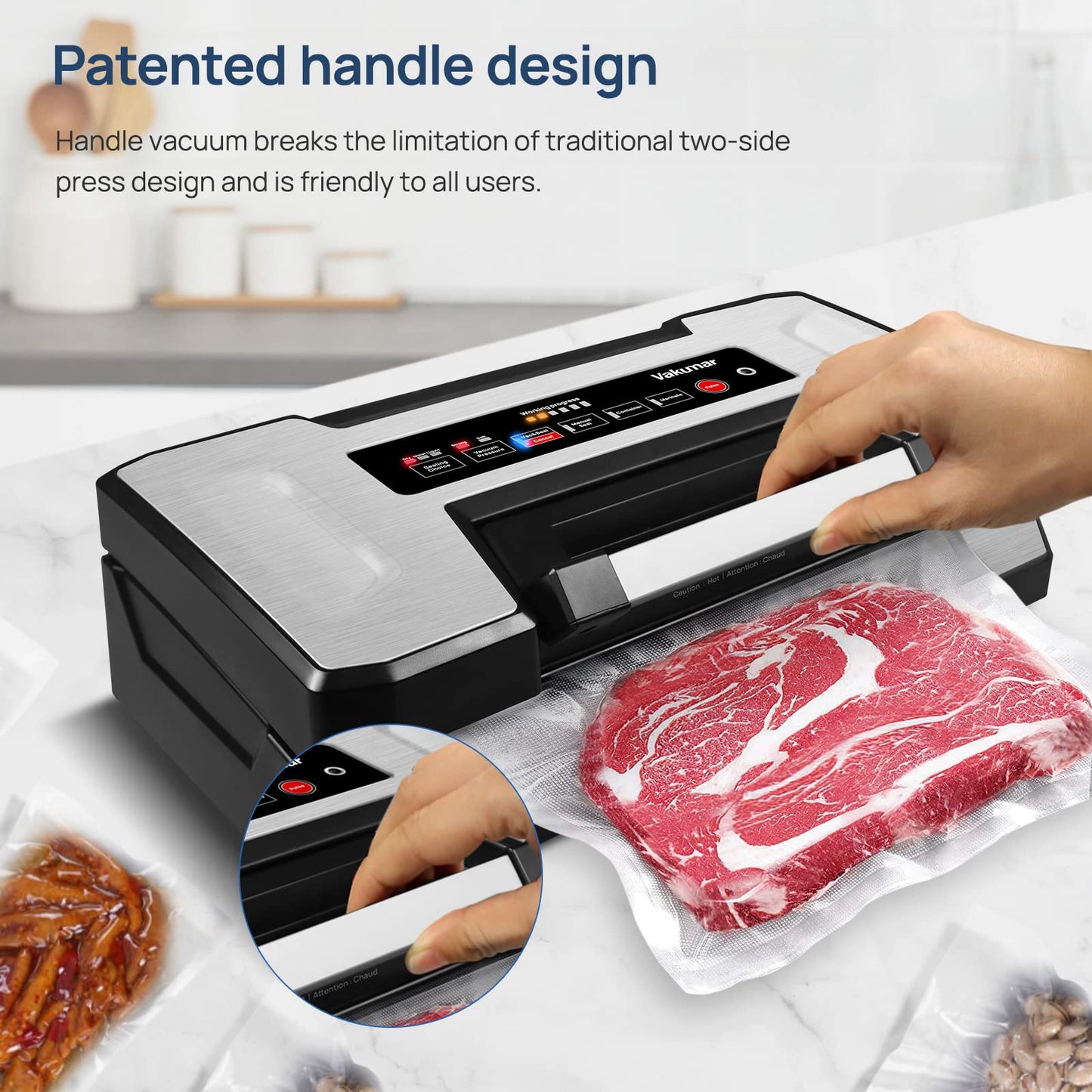 Vakumar Liquid Vacuum Sealer Machine, 90Kpa Vacuum Sealer Machine Preservation Dry/Moist/Liquid Modes, LED Indicator Light, Handle Locked Design, Built-in Cutter and Bag Storage, Removable Drip Tray