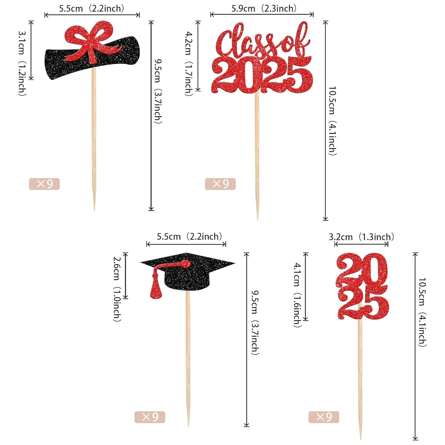 36 PCS 2023 Graduation Theme Cupcake Toppers Glitter Class of 2023 Graduation Cap Diploma Cupcake Picks Party Cake Decorations Supplies Red