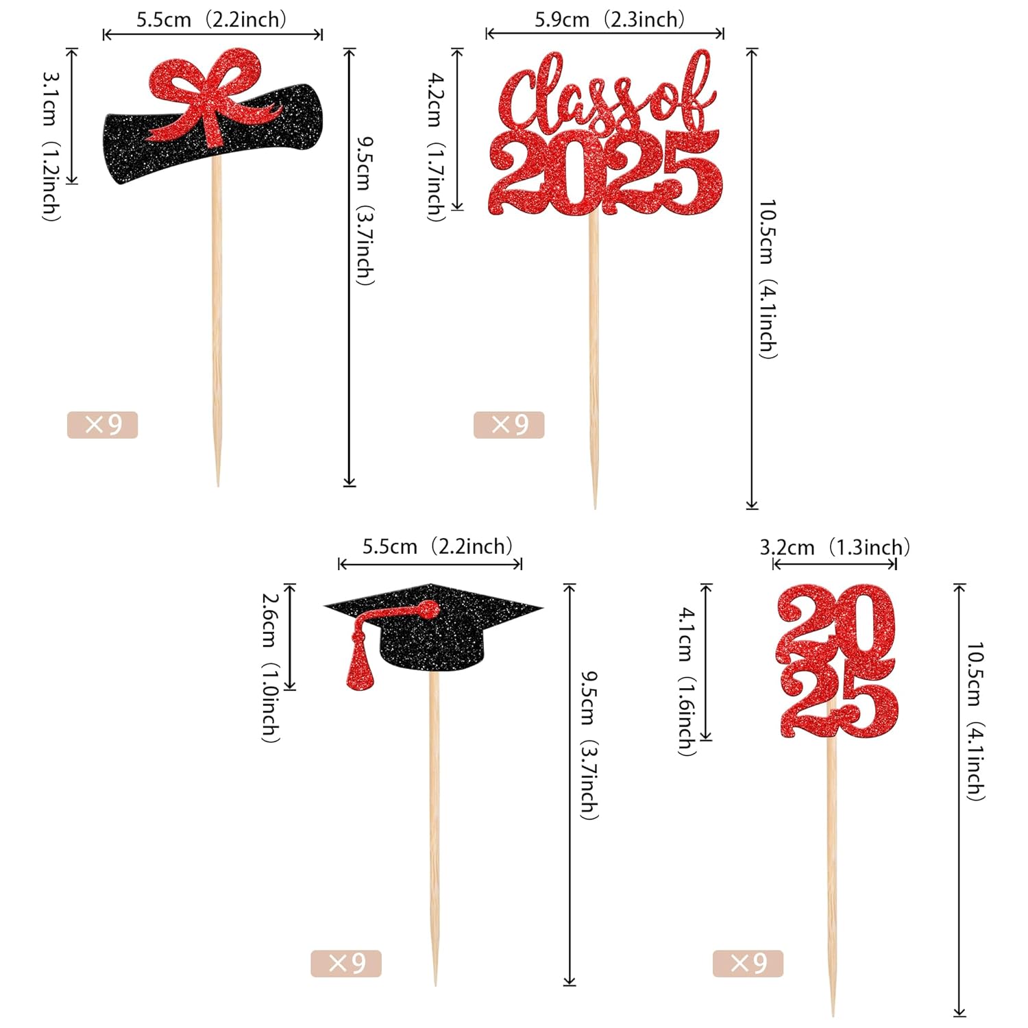 36 PCS 2023 Graduation Theme Cupcake Toppers Glitter Class of 2023 Graduation Cap Diploma Cupcake Picks Party Cake Decorations Supplies Red