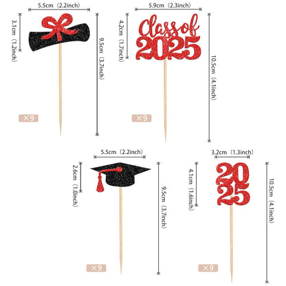 36 PCS 2023 Graduation Theme Cupcake Toppers Glitter Class of 2023 Graduation Cap Diploma Cupcake Picks Party Cake Decorations Supplies Red