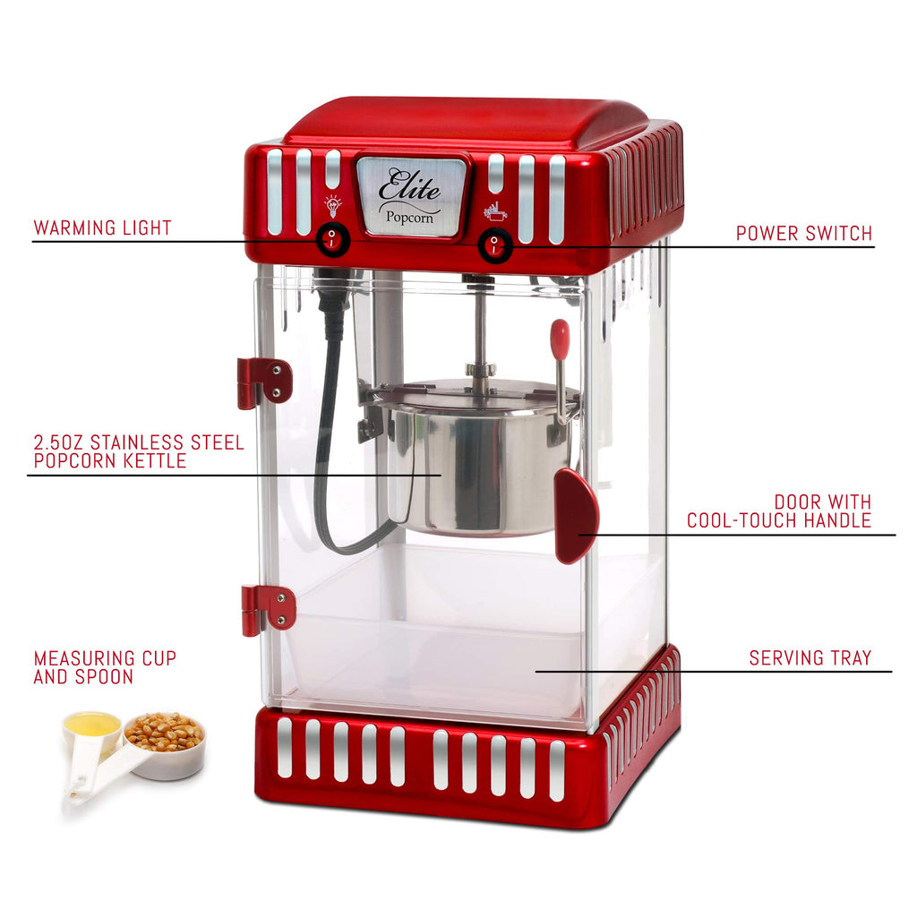 Elite Gourmet EPM-250 Maxi-Matic 2.5 унції класичний Carnival, настільний чайник для попкорну, ретро-стиль, гарячий попкорн з маслом, червоний