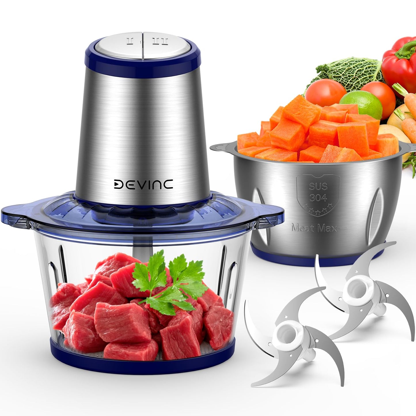 DEVINC Food Processor, Electric Food Chopper with 2 Bowls (8 Cup+8 Cup), 2 Sets Blades, 500W Meat Grinder & Veggie Chopper, 2 Speed for Baby food &Family Use Blue