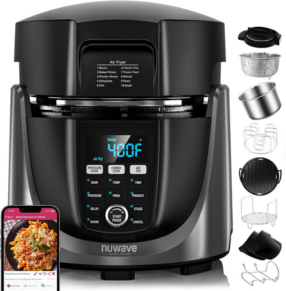 Nuwave Duet Air Fryer, Electric Pressure Cooker & Grill Combo, 540 IN 1 Multicooker with 2 Removable Lids, Slow Cook, Sears, Sautés, 18/10 SS Pot, Sure-Lock Safety Tech & 9 Deluxe Accessories