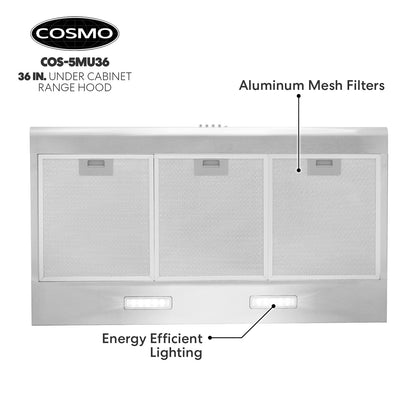 COSMO COS-5MU36 36 in. Delta Collection Ducted Under Cabinet Range Hood, Button Controls, Reusable Filters, LED Lights, Stainless Steel