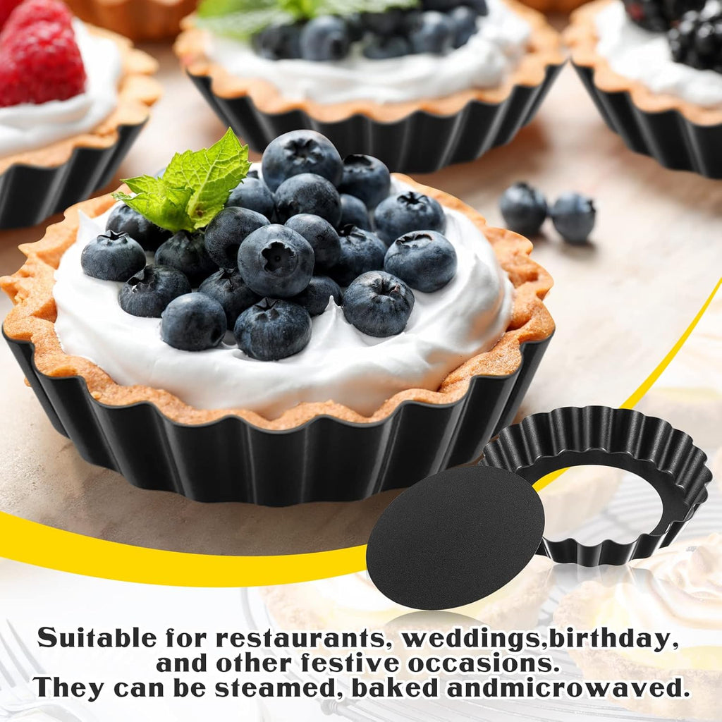 Tessco 16 Pieces Mini Tart Pans with Removable Bottom Nonstick Quiche Mini Pie Tart Pans Bakeware Mold Fluted Side for Pies(Black Gray Round,3 Inch)