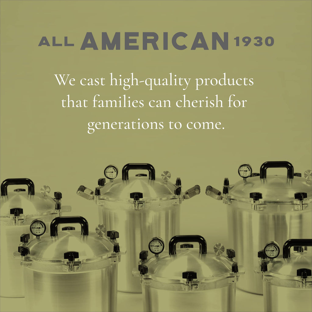 All American 1930: szybkowar/konserwator 10,5 qt (model 910) — ekskluzywny system uszczelniania metal-metal — łatwe otwieranie i zamykanie — nadaje się do kuchenek gazowych, elektrycznych i płaskich — wyprodukowano w USA