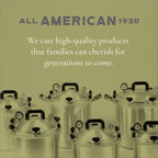 All American 1930: szybkowar/konserwator 10,5 qt (model 910) — ekskluzywny system uszczelniania metal-metal — łatwe otwieranie i zamykanie — nadaje się do kuchenek gazowych, elektrycznych i płaskich — wyprodukowano w USA