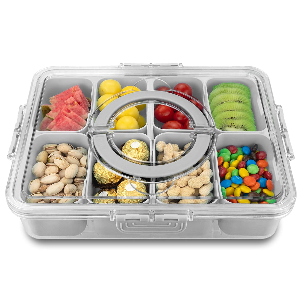 Divided Serving Tray with Lid and Handle,8 Compartments Snacks Box,Snack Fruit and Veggie Tray,Portable Platter for Candy Fruits Nuts Snack Party Entertaining Picnic (1 PCS)
