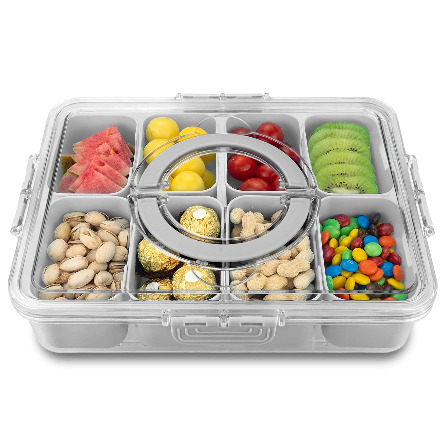 Divided Serving Tray with Lid and Handle,8 Compartments Snacks Box,Snack Fruit and Veggie Tray,Portable Platter for Candy Fruits Nuts Snack Party Entertaining Picnic (1 PCS)