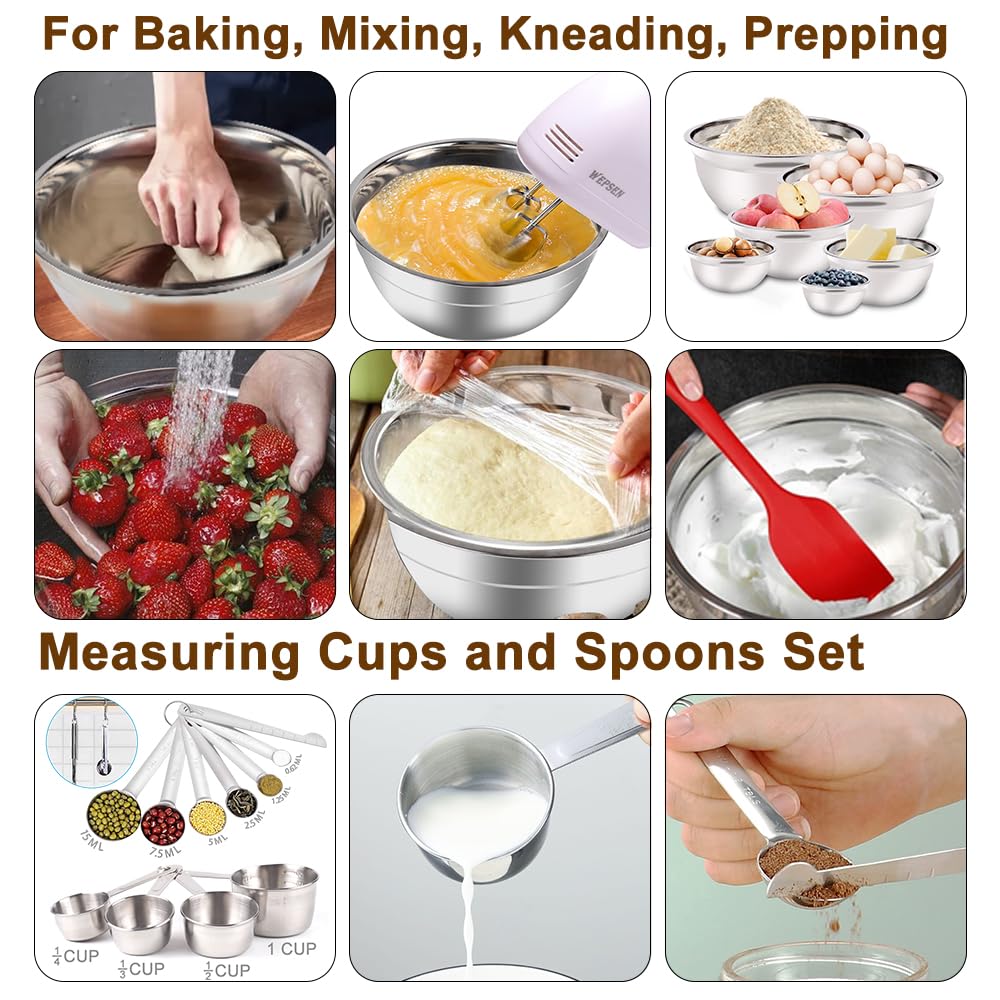 WEPSEN Hand Mixer Electric Mixing Bowls Set, 5 Speeds Handheld Mixer with 4 Nesting Stainless Steel Mixing Bowl, Measuring Cups Spoons 200W Kitchen Blender Whisk Beater Baking Supplies For Beginner