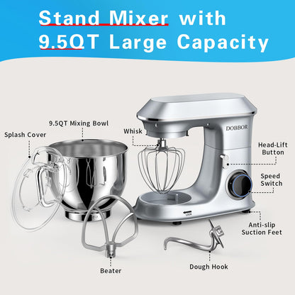 DOBBOR Electric Stand mixer, 9.5QT 660W 7Speeds Tilt-Head Dough Mixers, Bread Mixer with Dough Hook, Whisk, Beater, Splash Guard for Baking Bread, Cake, Cookie, Pizza, Muffin, Salad and More - Silver