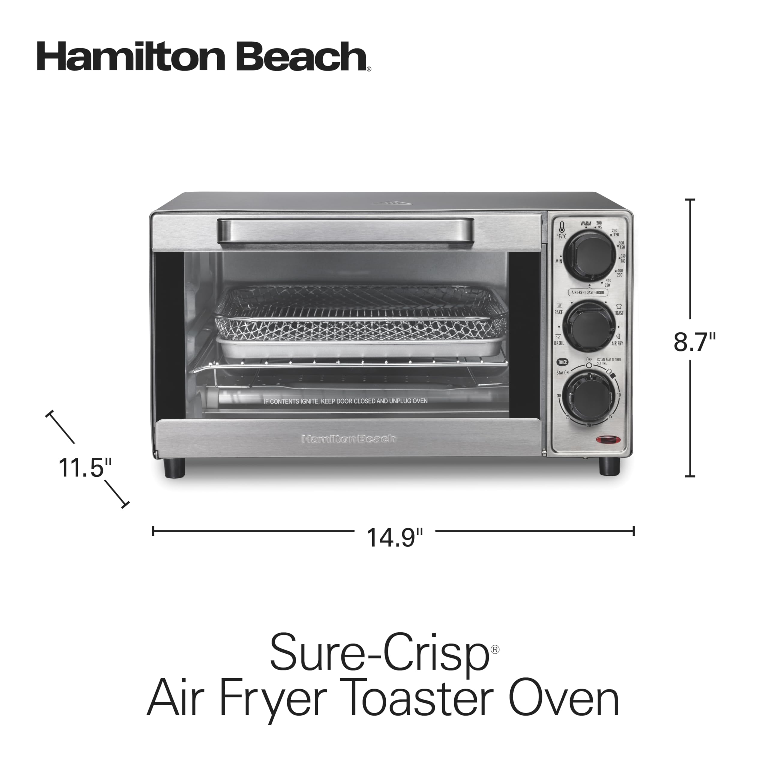Hamilton Beach Sure-Crisp Toaster Oven Air Fryer Combo, Fits 9” Pizza, 4 Slice Capacity, Powerful Circulation, Auto Shutoff, Stainless Steel (31403)